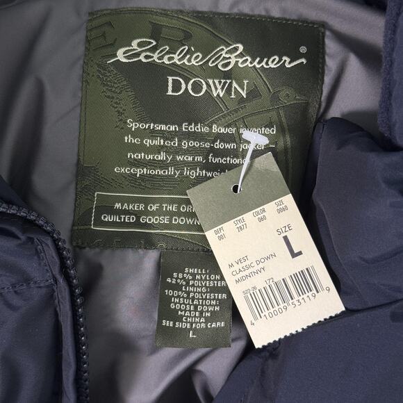 Eddie Bauer Down Vest Mens Large Classic Outdoor Warm Jacket Layer Navy Blue NEW - Picture 3 of 11